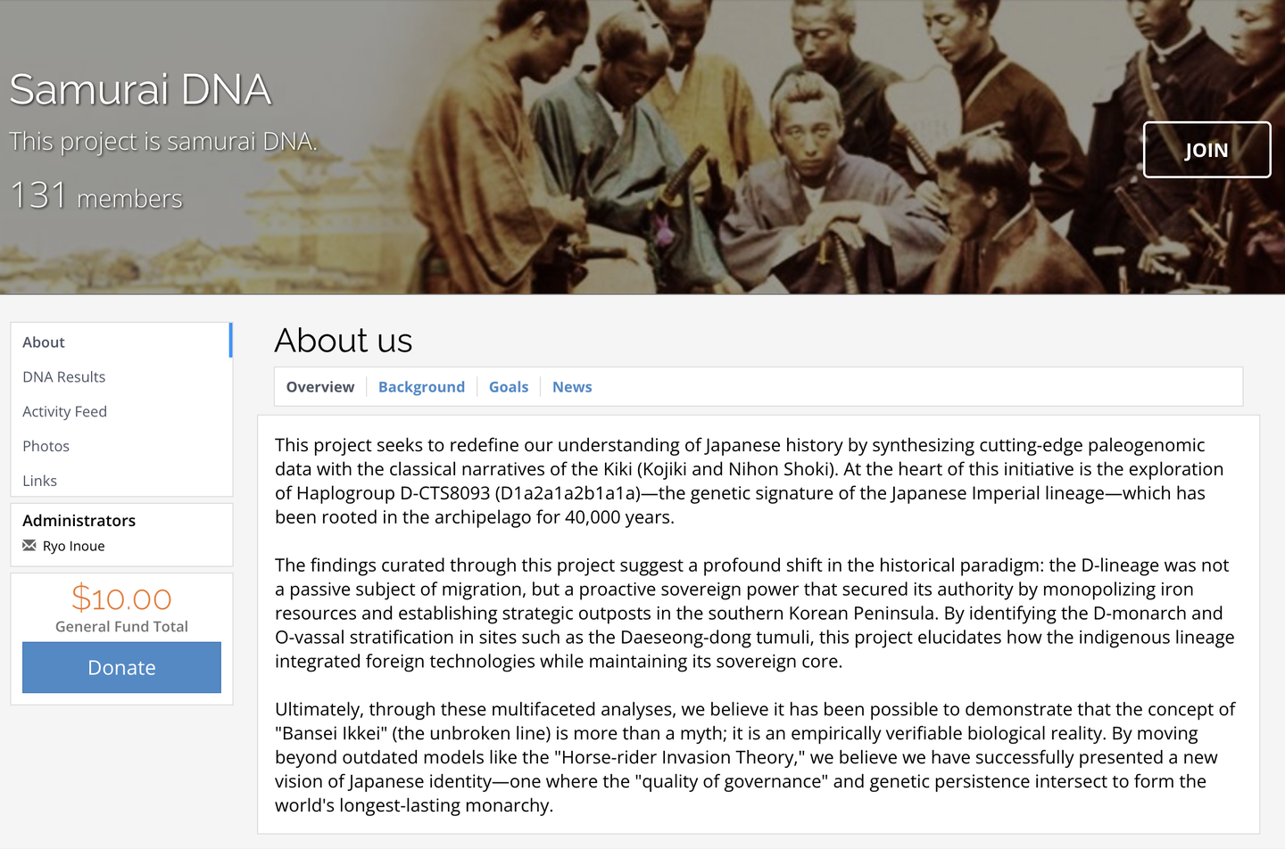 Overview page of the FTDNA Samurai DNA Project