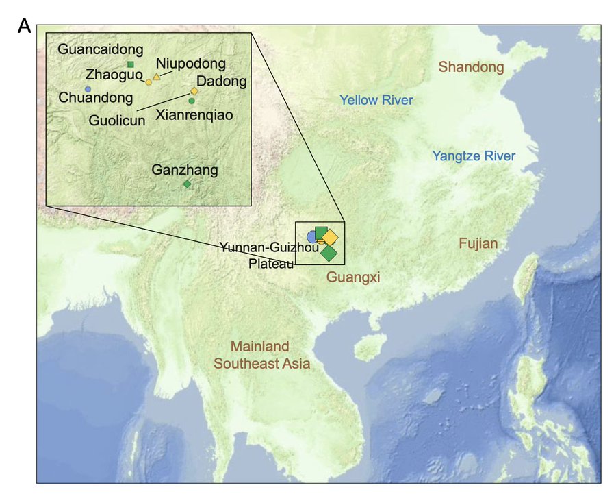 Map showing the location of Zhaoguo Cave and other Southwestern East Asian archaeological sites.
