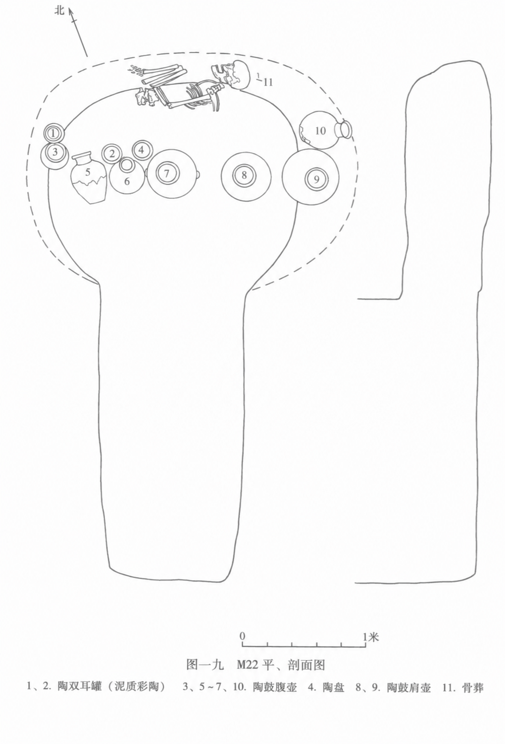 Cropped plan and section drawing of Tomb M22 at the Xiahaishi site.